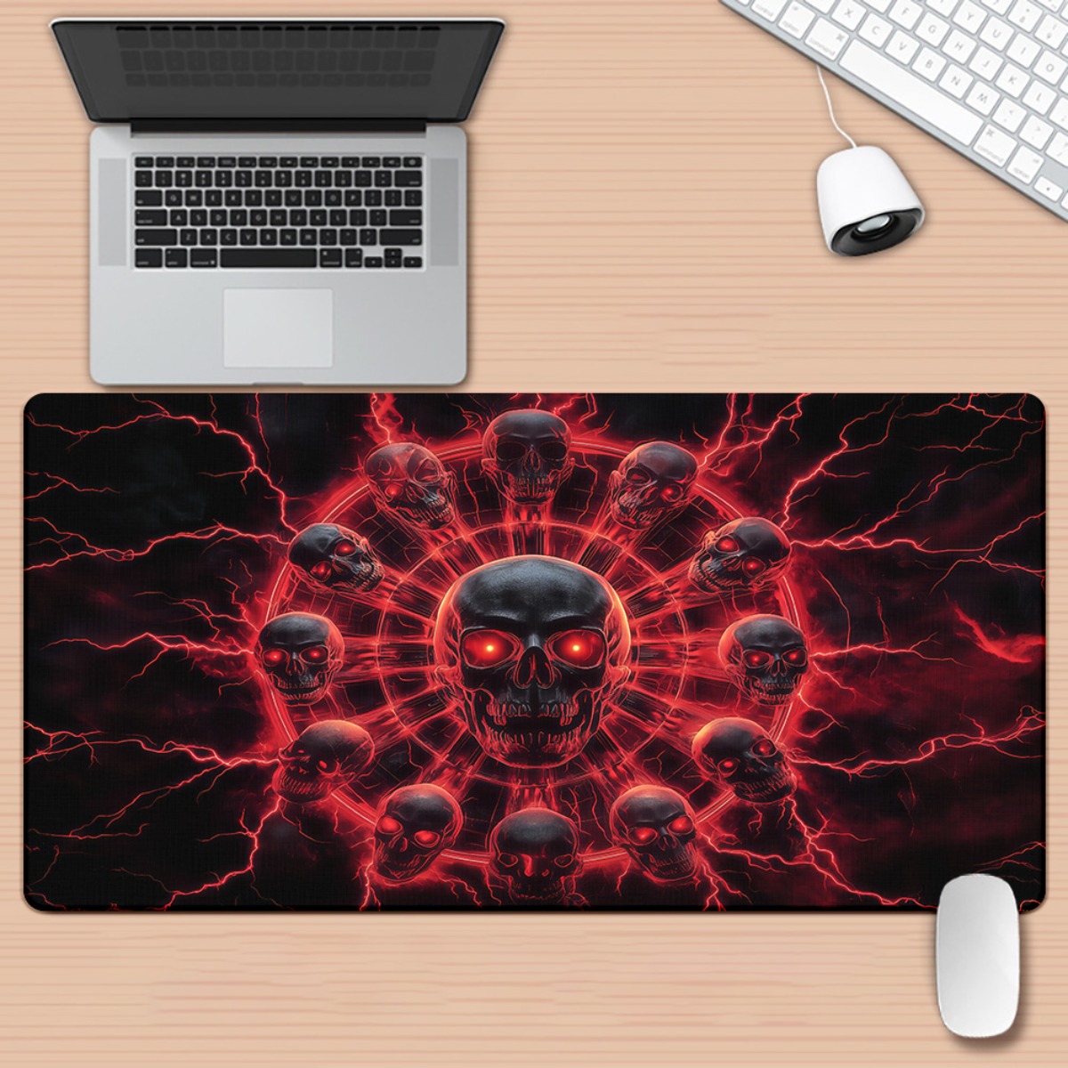 Desk Setup Red - Gotik Kafatası Pentagram Oyun Masası Matı