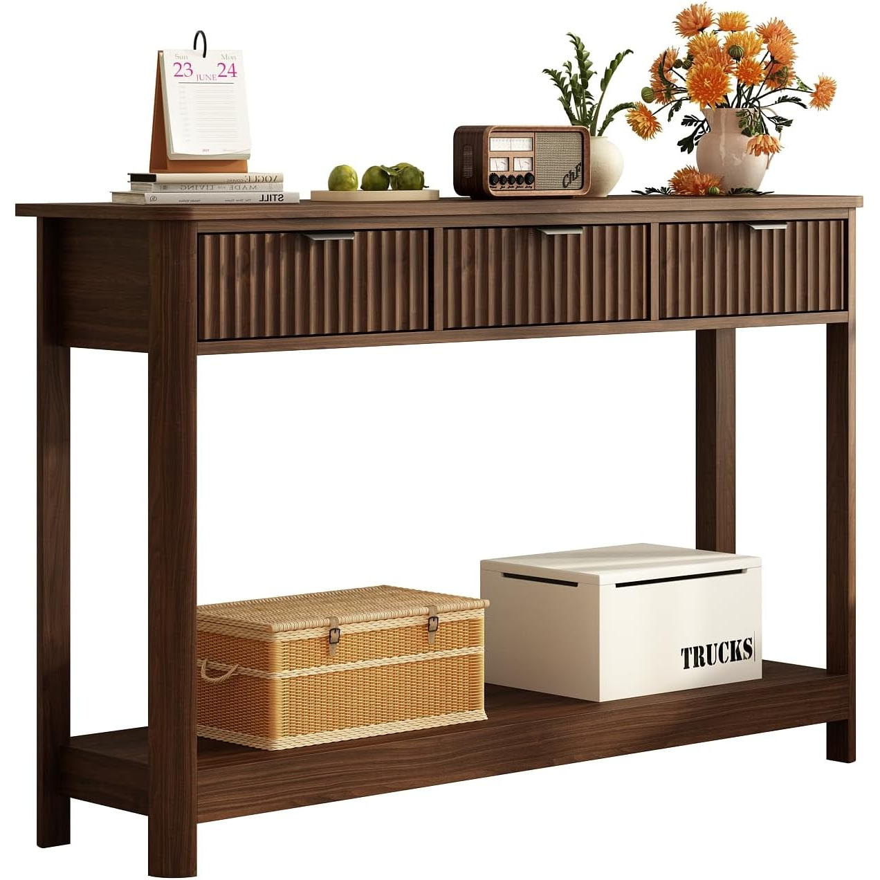 Desk Setup Minimalist - 3 Çekmeceli Oluklu Ahşap Konsol Masası,