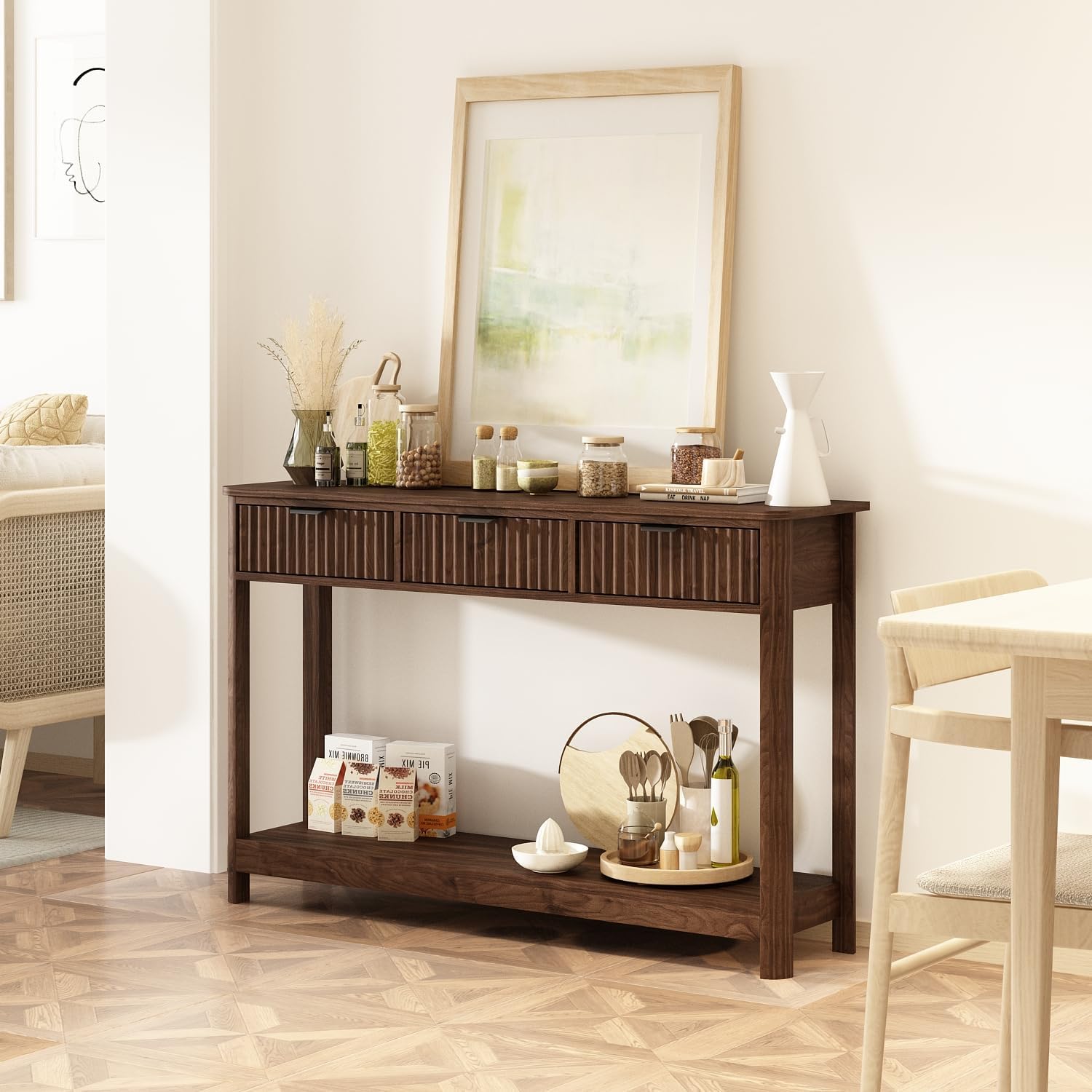 3 Çekmeceli Oluklu Ahşap Konso - Desk Setup Minimalist incelemesi ve fiyatı